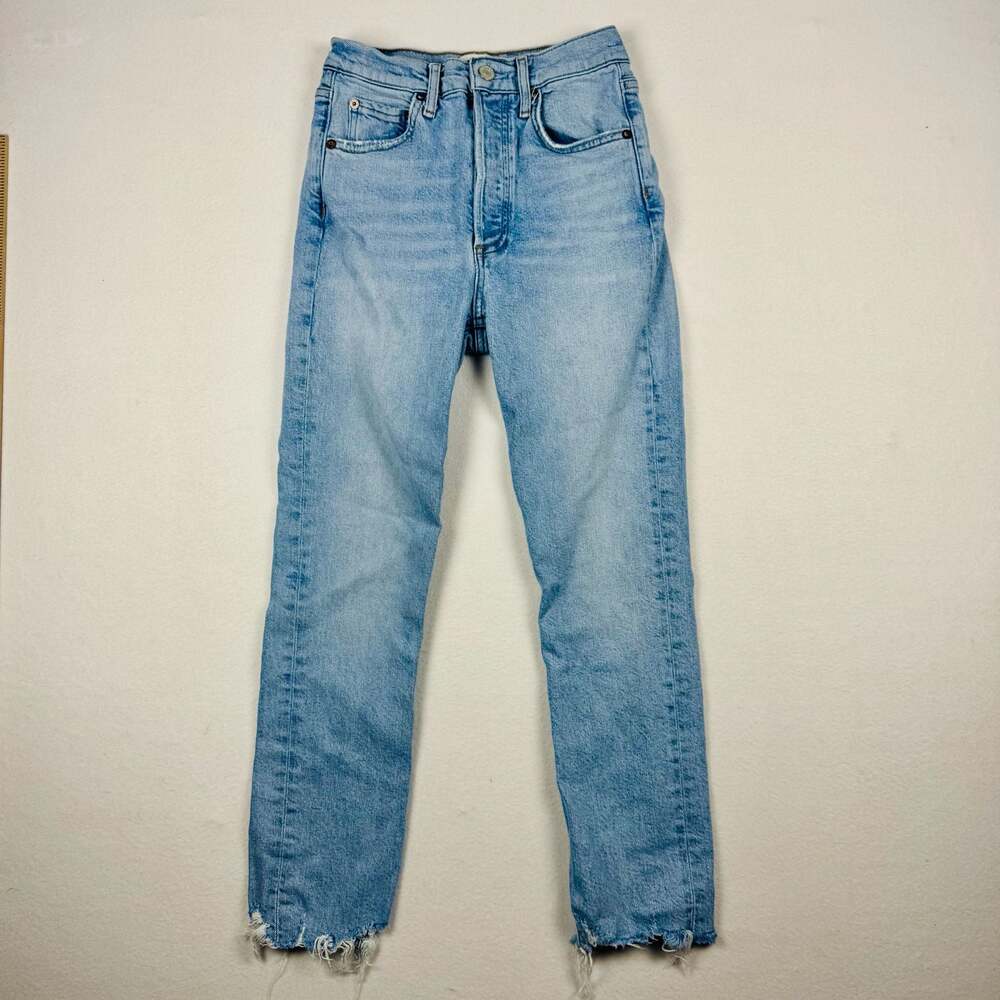 AGOLDE 90s Pinch Waist High Rise Straight Leg Jeans Blue Distressed Hem